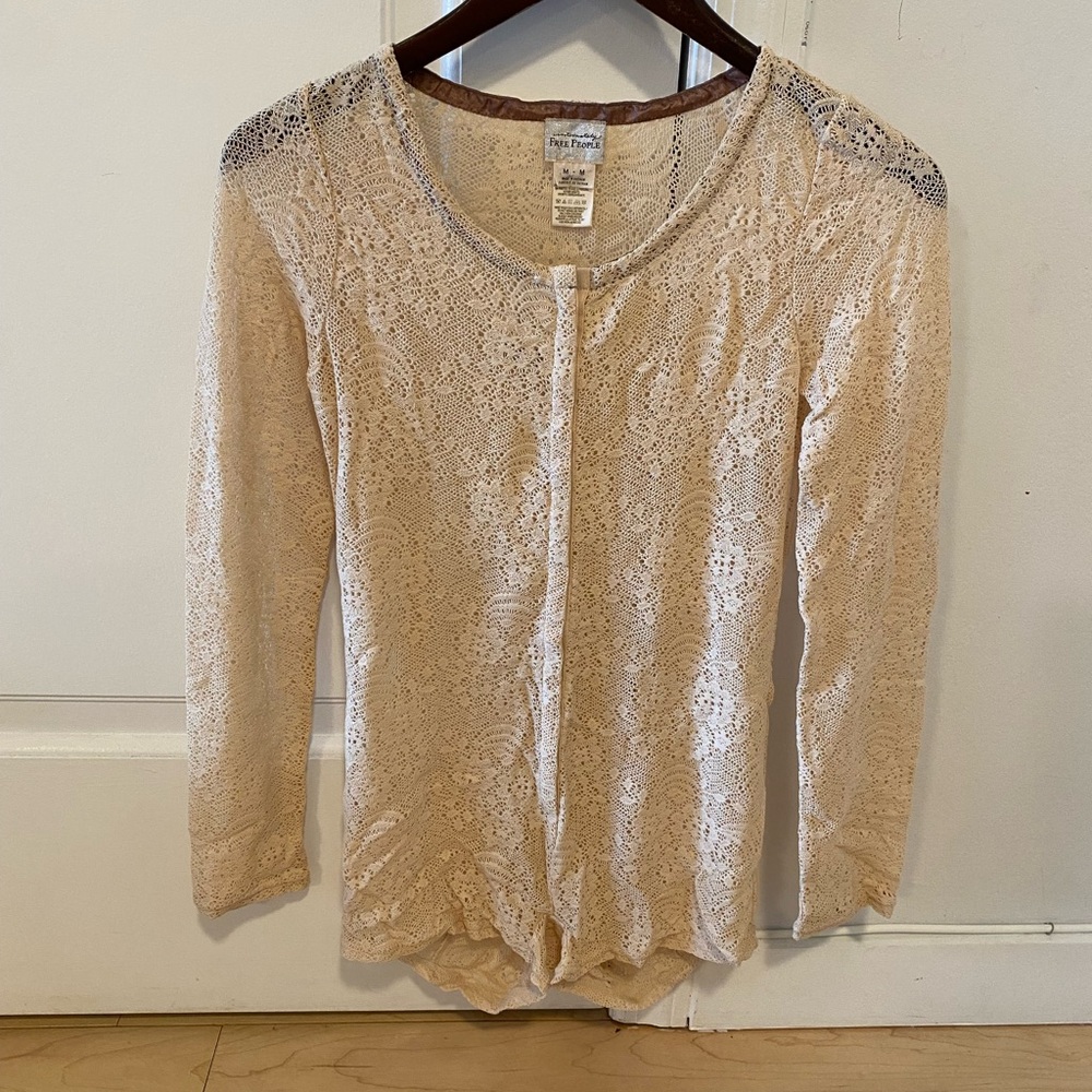 Free People Taupe Lace Long Sleeve Bodysuit Size M